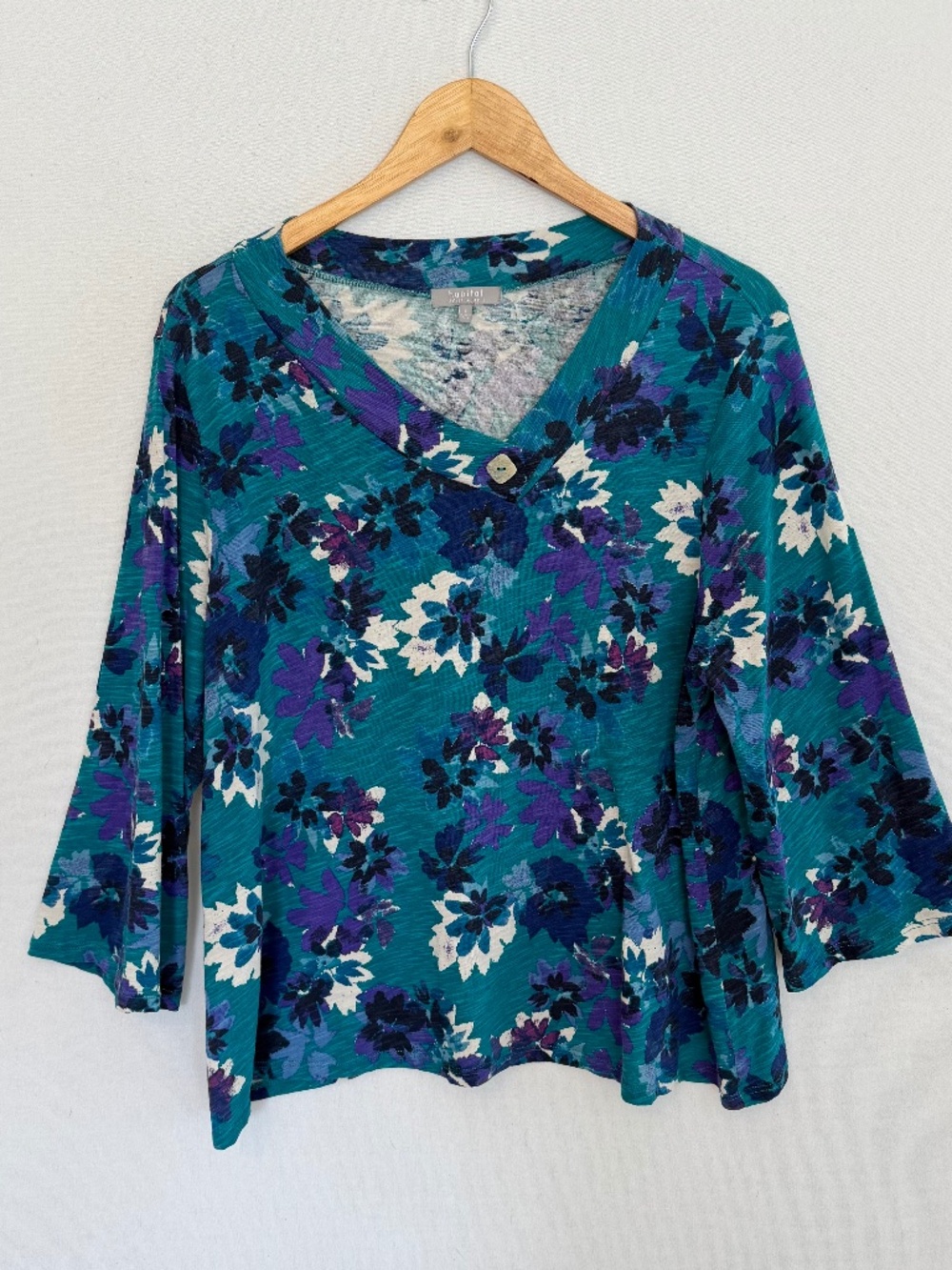 HABITAT Women’s Large 100% Cotton Teal & Purple Floral 3/4 Sleeve Top